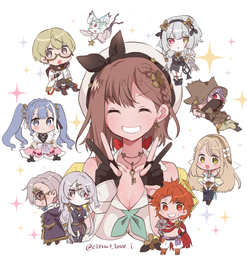 ^_^ atelier_(series) atelier_ryza atelier_ryza_2 black_gloves blonde_hair blue_eyes braid breasts brown_eyes brown_hair chibi cleavage clifford_diswell closed_eyes closed_mouth collared_shirt crossed_bangs double_v empel_vollmer everyone facing_viewer fi_(atelier) glasses gloves green_eyes grey_hair hair_between_eyes hair_ornament hairband hairclip haruna_(citrus_love_i) hat heterochromia highres jewelry key key_necklace klaudia_valentz large_breasts lent_marslink lila_decyrus long_hair long_sleeves looking_at_viewer low_twintails monocle necklace open_mouth pale_skin partially_fingerless_gloves patricia_abelheim profile red_eyes red_hair reisalin_stout serri_glaus shirt short_hair smile solo_focus sparkle star_(symbol) star_necklace tao_mongarten twintails v very_long_hair white_shirt yellow_eyes