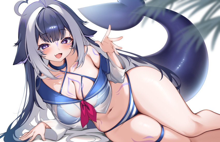 1girl :d bikini black_hair blue_bikini breasts cetacean_tail collarbone fang fins fish_tail horizontal-striped_bikini indie_virtual_youtuber kaptivate large_breasts long_hair looking_at_viewer multicolored_hair navel open_mouth orca_girl purple_eyes shylily skin_fang smile solo striped_bikini striped_clothes swimsuit tail thigh_strap thighs two-tone_hair virtual_youtuber white_hair