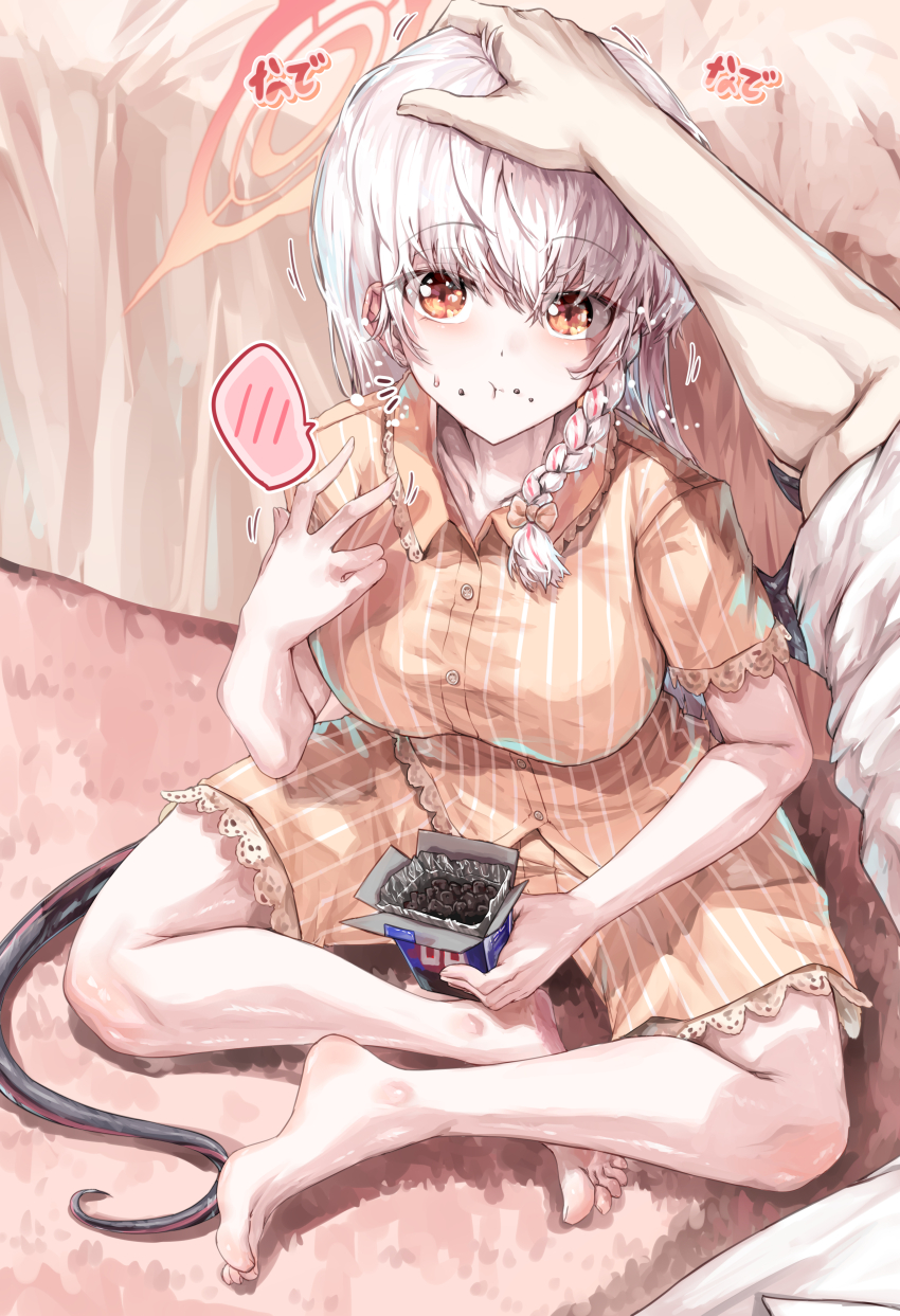 1girl 1other absurdres barefoot black_wings blue_archive blush braid breasts demon_wings eating grey_hair halo hand_on_another&#039;s_head haruna_(blue_archive) headpat highres large_breasts long_hair looking_at_viewer orange_pajamas pajamas red_eyes single_wing sitting solo_focus spoken_blush striped_clothes striped_pajamas sunnysideup tail toes wings