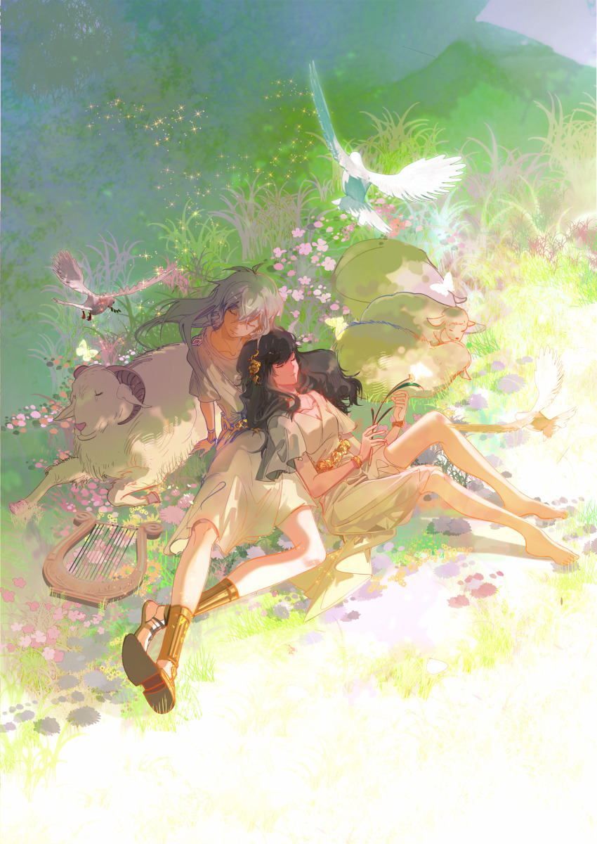 1boy 1girl absurdres aged_down ancient_greek_clothes arm_support armor barefoot bird black_hair bracelet bracer bug butterfly cael_anselm chiton closed_eyes closed_mouth cross-laced_clothes dappled_sunlight day dove dress field flower flower_field from_above full_body gold_belt greaves greco-roman_clothes hair_between_eyes hair_flower hair_ornament hairband heroine_(lovebrush_chronicles) highres holding holding_flower insect instrument jewelry lamb leaning_on_person long_hair lovebrush_chronicles lying lyre necklace on_back on_grass outdoors pink_flower sheep short_sleeves sitting smile sunlight tunic white_butterfly white_dress white_hair white_hairband white_tunic xixun