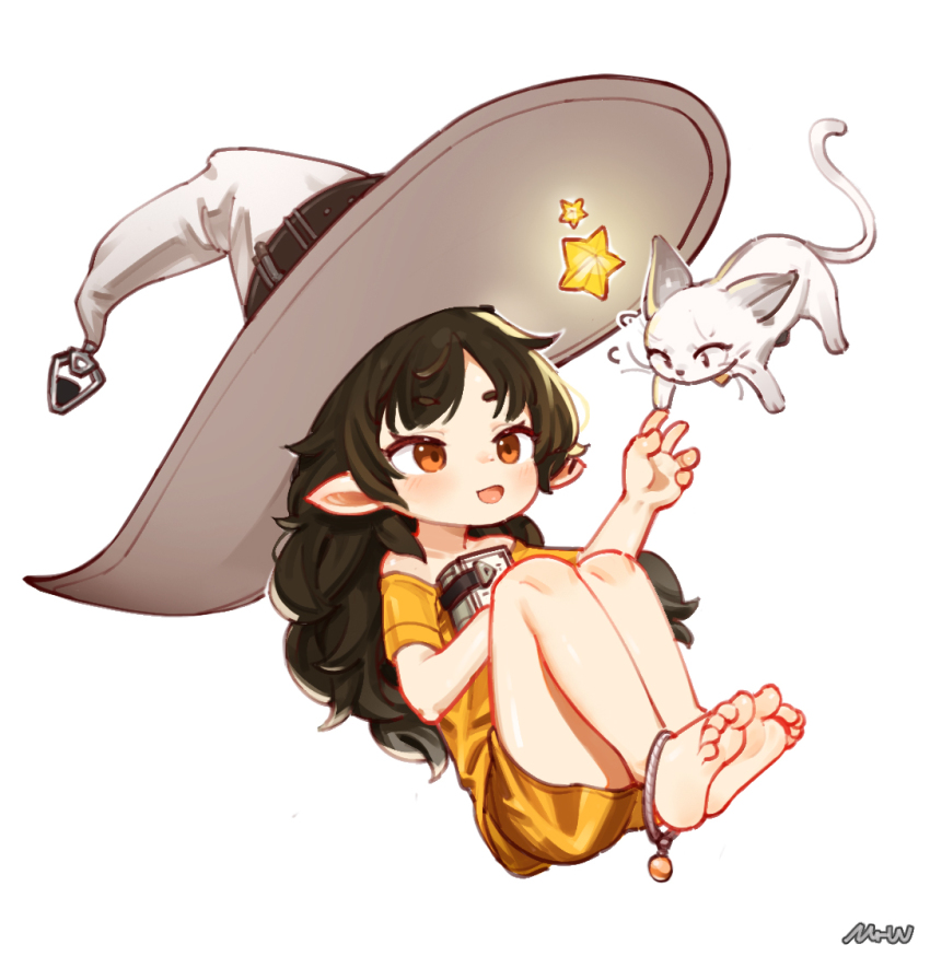 1girl :d anklet bare_legs barefoot black_hair blush book cat hat holding holding_book jewelry looking_at_another mrw open_mouth pointy_ears red_eyes shirt shorts signature simple_background smile white_background white_cat white_headwear witch_hat yellow_shirt yellow_shorts