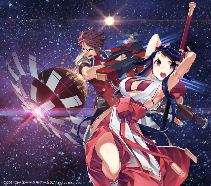 1boy 1girl ar_nosurge breasts cleavage delta_lantanoir delta_lanthanoir fighting_stance gradient_background highres japanese_clothes long_hair obi rachette_(ar_nosurge) rachette_(surge_concerto) sash surge_concerto tatsuwo tonfa weapon