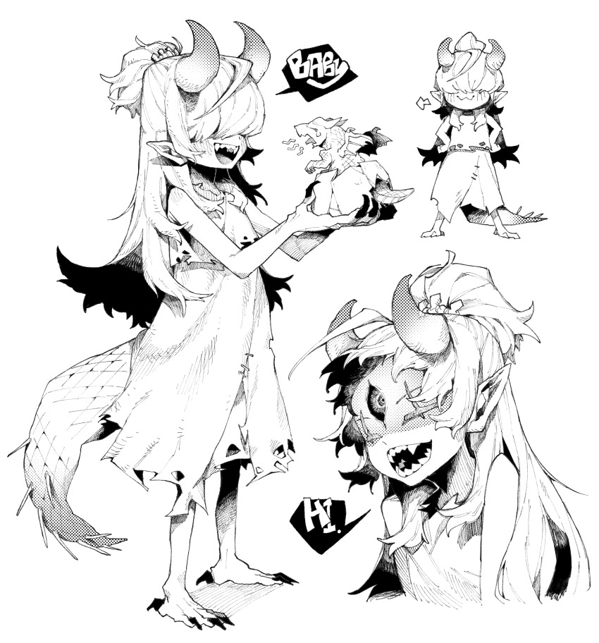 1girl :3 :d absurdres bare_arms black_sclera colored_sclera dragon dragon_tail dress extra_eyes fangs full_body hair_over_eyes hb_091 highres horns looking_at_viewer multiple_views open_mouth original pointy_ears sharp_teeth sharp_toenails smile standing tail teeth third_eye toenails torn_clothes torn_dress upper_teeth_only white_background