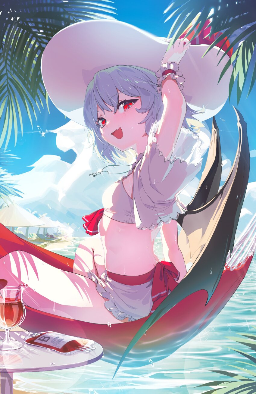 1girl absurdres alternate_costume arm_up bikini blood blue_hair blue_sky breasts cloud demon_wings hat highres leaf looking_at_viewer ocean rabong red_eyes remilia_scarlet sitting sky small_breasts solo swimsuit touhou wet wet_clothes wings