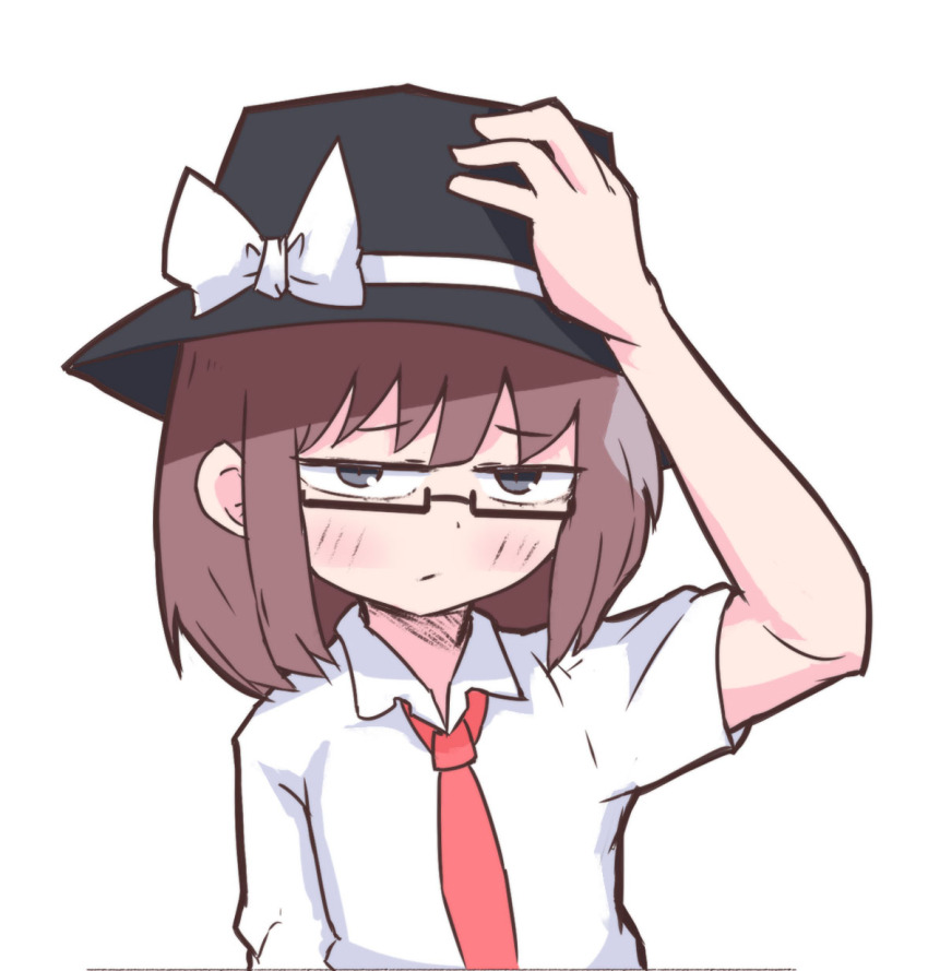 1girl :/ black_eyes black_hat blush bow brown_hair closed_mouth collared_shirt commentary_request cookie_(touhou) half-closed_eyes hand_on_headwear hat hat_bow highres looking_at_viewer medium_hair mukenkairou necktie red_necktie shirt sidelocks simple_background solo upper_body uzuki_(cookie) white_background white_bow white_shirt