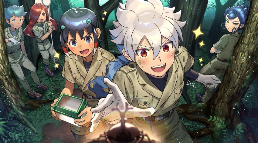 5boys aqua_hair beetle belt black_belt black_eyes black_hair blue_hair bug bug_hunting butterfly_net dirty dirty_clothes dirty_face dolustoy gloves hair_ornament hakuryuu_(inazuma_eleven) hand_net highres holding holding_butterfly_net inazuma_eleven_(series) inazuma_eleven_go insect insect_cage jacket kai_(inazuma_eleven) long_hair male_focus multicolored_footwear multicolored_hair multiple_boys net red_eyes red_hair rhinoceros_beetle safari_jacket seidou_dan shuu_(inazuma_eleven) sparkle sweat tree tsurugi_kyousuke two-tone_hair white_gloves white_hair yellow_eyes zero_(inazuma_eleven)