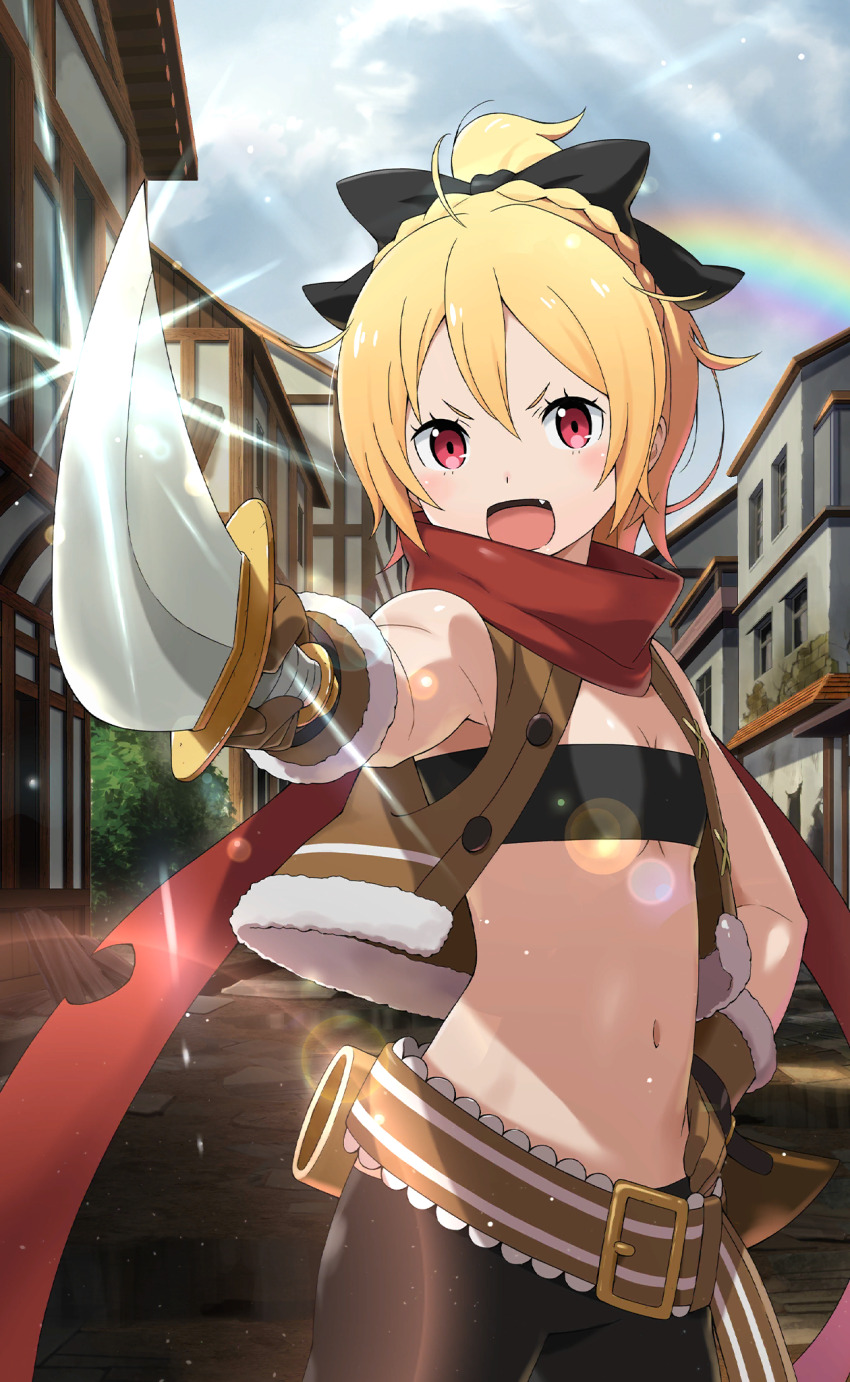 1girl :d asymmetrical_clothes bandeau belt_buckle black_bow black_bra black_pants blonde_hair blush bow bra braid breasts brown_gloves buckle cleavage cloud crown_braid day fang felt_(re:zero) fur-trimmed_gloves fur_trim gloves hair_between_eyes hair_bow highres looking_at_viewer midriff navel non-web_source official_art open_mouth outdoors pants pointing_melee_weapon pointing_sword ponytail rainbow re:zero_kara_hajimeru_isekai_seikatsu re:zero_kara_hajimeru_isekai_seikatsu:_lost_in_memories red_eyes red_scarf running scarf short_hair single_pantsleg sky small_breasts smile solo standing stomach strapless strapless_bra sword torn_clothes torn_pants torn_scarf underwear v-shaped_eyebrows weapon