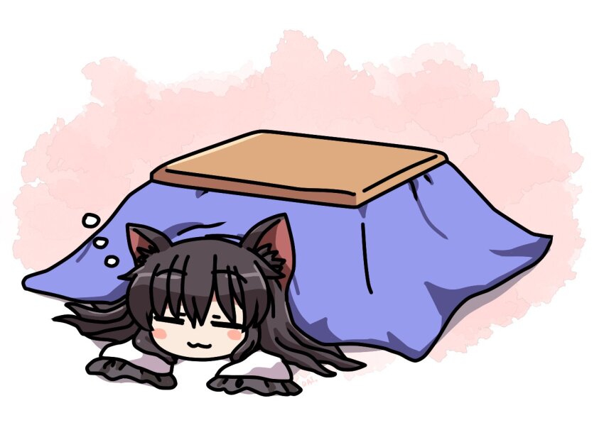 1girl :3 animal_ear_fluff animal_ears black_hair blush_stickers closed_eyes closed_mouth commentary_request frilled_sleeves frills imaizumi_kagerou kotatsu long_hair long_sleeves lying on_stomach rokugou_daisuke signature sleeping sleeves_past_fingers sleeves_past_wrists smile solo squeans table touhou under_kotatsu under_table wolf_ears wolf_girl