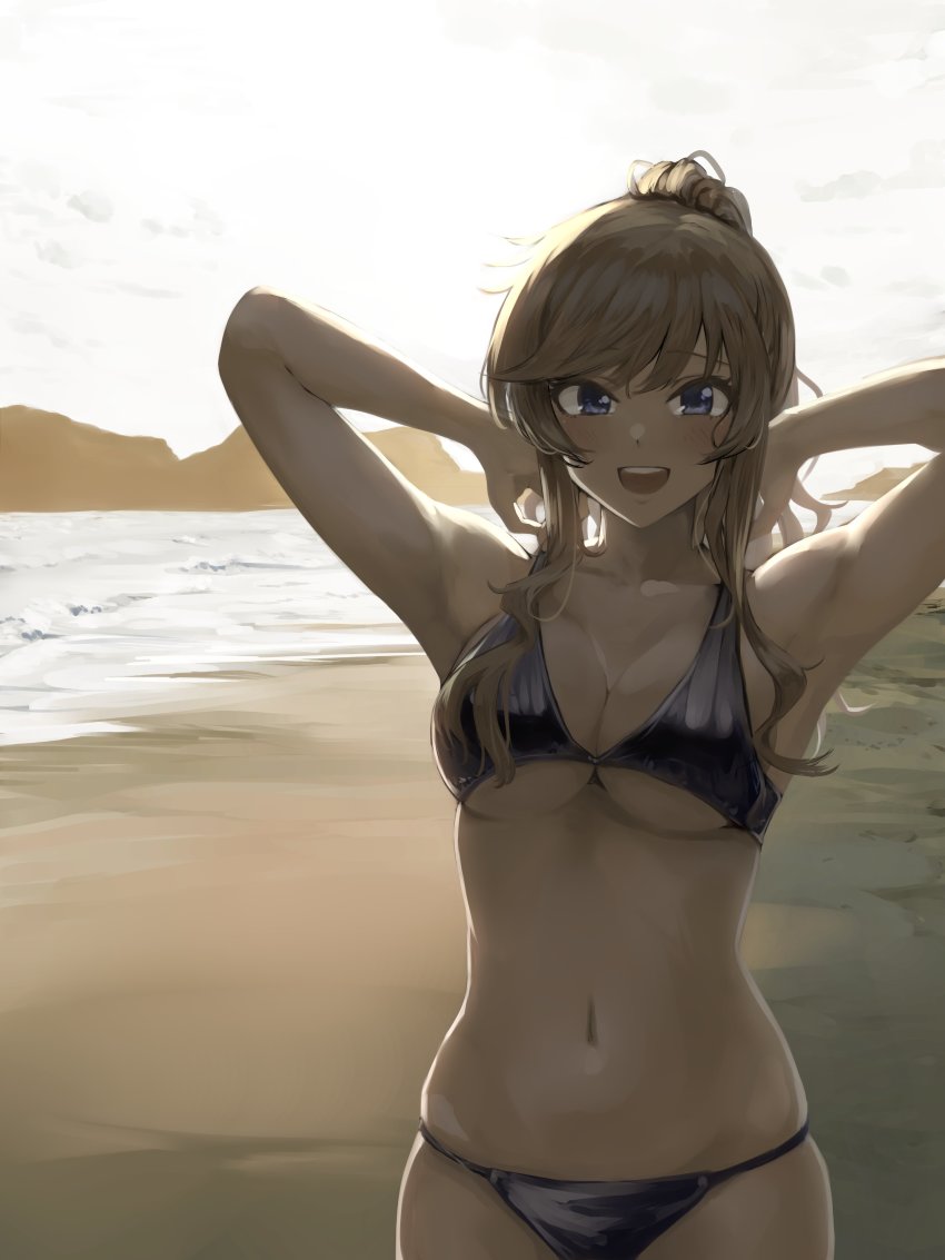 1girl absurdres armpits arms_behind_head arms_up beach bikini black_bikini blonde_hair blue_eyes breasts collarbone high_ponytail highres idolmaster idolmaster_cinderella_girls lamp_p9 large_breasts looking_at_viewer navel ocean ohtsuki_yui open_mouth outdoors ponytail sand sky smile solo swept_bangs swimsuit water