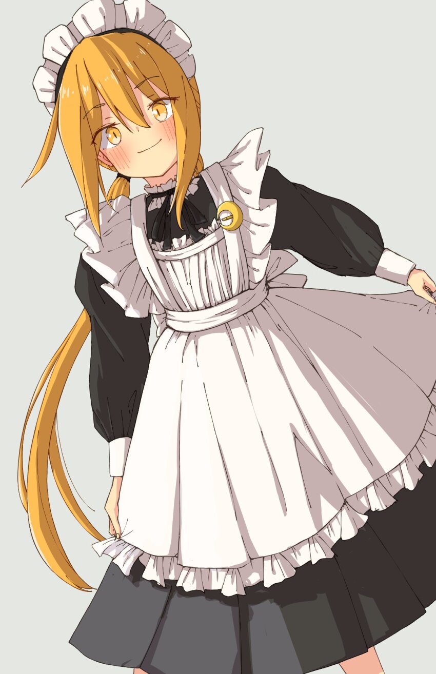 1girl alternate_costume apron black_dress blonde_hair blush closed_mouth commentary_request crescent crescent_pin dress enmaided frilled_apron frills grey_background hair_between_eyes highres kantai_collection long_hair long_sleeves low_twintails maid maid_apron maid_headdress po0000000000 satsuki_(kancolle) simple_background smile solo twintails white_apron yellow_eyes