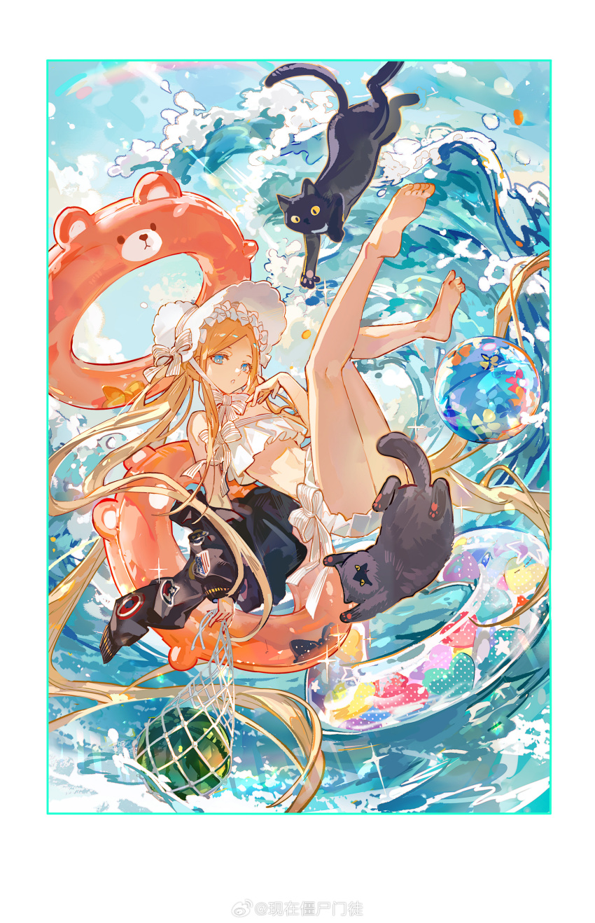 1girl abigail_williams_(fate) abigail_williams_(swimsuit_foreigner)_(fate) abigail_williams_(swimsuit_foreigner)_(third_ascension)_(fate) absurdres ball bare_legs beachball bikini black_cat black_jacket blonde_hair blue_eyes blue_sky bonnet border bow cat cloud day expressionless eyelashes fate/grand_order fate_(series) food frilled_bikini frilled_hairband frills fruit full_body hairband hat hat_bow highres holding_net innertube jacket jacket_partially_removed legs_up long_hair looking_at_viewer mento official_alternate_costume outdoors parted_lips rainbow sitting sky soles solo stomach summer swim_ring swimsuit toes very_long_hair waist_bow water_drop watermelon waves weibo_watermark white_bikini white_bonnet white_border white_bow white_hairband