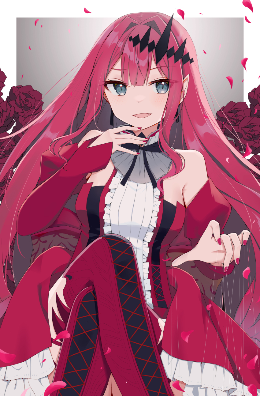 1girl absurdres baobhan_sith_(fate) baobhan_sith_(first_ascension)_(fate) bare_shoulders blush breasts crossed_legs detached_sleeves dress earrings falling_petals fate/grand_order fate_(series) flower frilled_dress frills grey_eyes hair_ornament hand_up highres jewelry long_hair looking_at_viewer petals pink_dress pink_hair pink_nails pointy_ears red_flower sidelocks sitting smile solo swon_(joy200892)