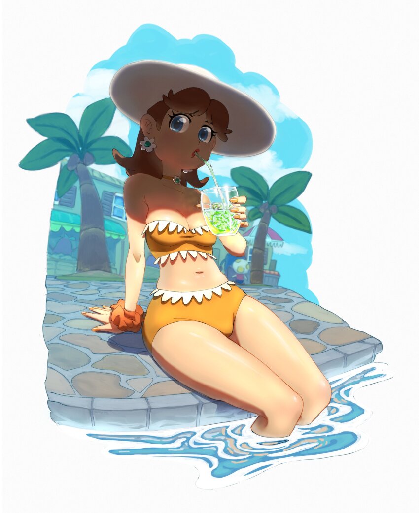 1girl absurdres arm_support armpit_crease atmosk bare_shoulders blue_eyes breasts brown_hair building choker cleavage coconut_tree collarbone cup drinking drinking_glass drinking_straw earrings eyelashes fingernails flower_earrings hat highres holding holding_cup ice ice_cube jewelry lips long_fingernails looking_at_viewer mario_(series) medium_breasts medium_hair nail_polish navel nintendo orange_choker orange_nails orange_scrunchie orange_swimsuit outdoors palm_tree parted_bangs partially_submerged pink_lips princess_daisy scrunchie sitting solo strapless sun_hat super_mario_land swimsuit taut_clothes taut_swimsuit thighs toad_(mario) tree water white_background white_hat window window_shutter