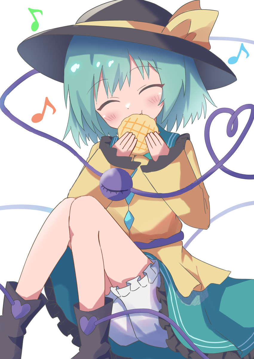 1girl absurdres black_footwear black_hat bloomers blush bread closed_eyes closed_mouth commentary_request eating eighth_note facing_viewer food frilled_skirt frilled_sleeves frills green_hair green_skirt hands_up hat hat_ribbon heart heart_of_string high_meron highres holding holding_food knees_up komeiji_koishi long_sleeves melon_bread musical_note ribbon shirt short_hair simple_background sitting skirt solo third_eye touhou underwear white_background white_bloomers yellow_ribbon yellow_shirt