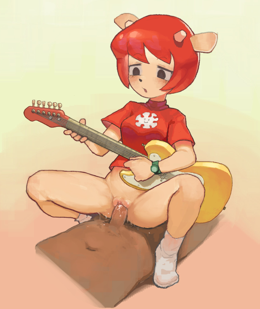 1boy 1girl animal_ears animal_nose black_eyes blush bob_cut bottomless breasts censored commentary cowgirl_position electric_guitar girl_on_top gradient_background green_background guitar hetero highres holding holding_guitar holding_instrument horns instrument kinshi76 lammy_(um_jammer_lammy) light_blush music no_shoes open_mouth parted_lips penis playing_guitar playing_instrument print_shirt pussy red_hair red_shirt sex sheep_ears sheep_girl shirt short_hair short_sleeves small_breasts socks solo_focus spread_legs straddling t-shirt um_jammer_lammy uncensored vaginal watch white_horns white_socks wide_spread_legs wristwatch