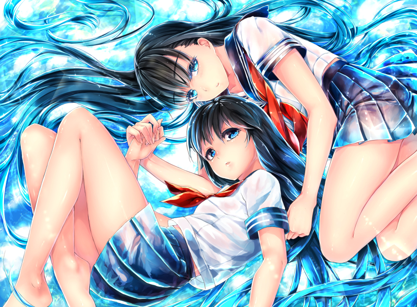 2girls absurdly_long_hair bad_id bad_pixiv_id bare_legs barefoot black_hair blouse blue_eyes blue_hair blue_skirt blush closed_mouth highres kyara36 long_hair lying multiple_girls neckerchief on_side original parted_lips plantar_flexion pleated_skirt red_neckerchief school_uniform serafuku shirt short_sleeves skirt smile thighs very_long_hair white_shirt yuri