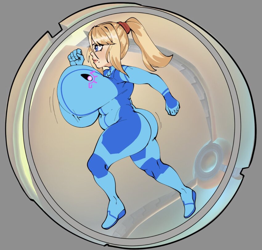 1girl ass ball belly blonde_hair blue_bodysuit blue_eyes blush bodysuit bouncing_breasts breasts covered_navel eyelashes female_focus hamster_ball highres huge_breasts impossible_clothes lips metroid mini_person minigirl mole mole_under_mouth motion_lines navel nintendo plump ponytail profile running samus_aran shortstack skin_tight solo strongmoist thick_thighs thighs wide_hips zero_suit