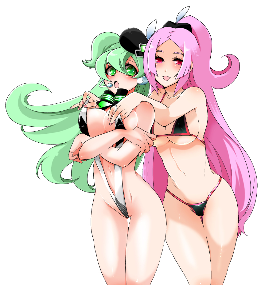 2girls absurdres bikini breasts cleavage green_eyes green_hair hat headset highres kondoru large_breasts long_hair macne_coco macne_nana macne_series multiple_girls pink_eyes pink_hair slingshot_swimsuit surprised swimsuit very_long_hair