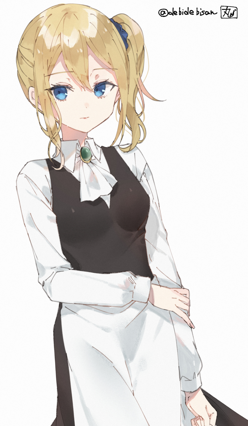 1girl absurdres blonde_hair blue_eyes blue_scrunchie chibirisu closed_mouth collared_shirt commentary_request cowboy_shot hair_between_eyes hair_ornament hair_scrunchie hayasaka_ai highres kaguya-sama_wa_kokurasetai_~tensai-tachi_no_renai_zunousen~ long_hair long_sleeves looking_at_viewer scrunchie shirt side_ponytail signature simple_background solo standing twitter_username white_background white_shirt