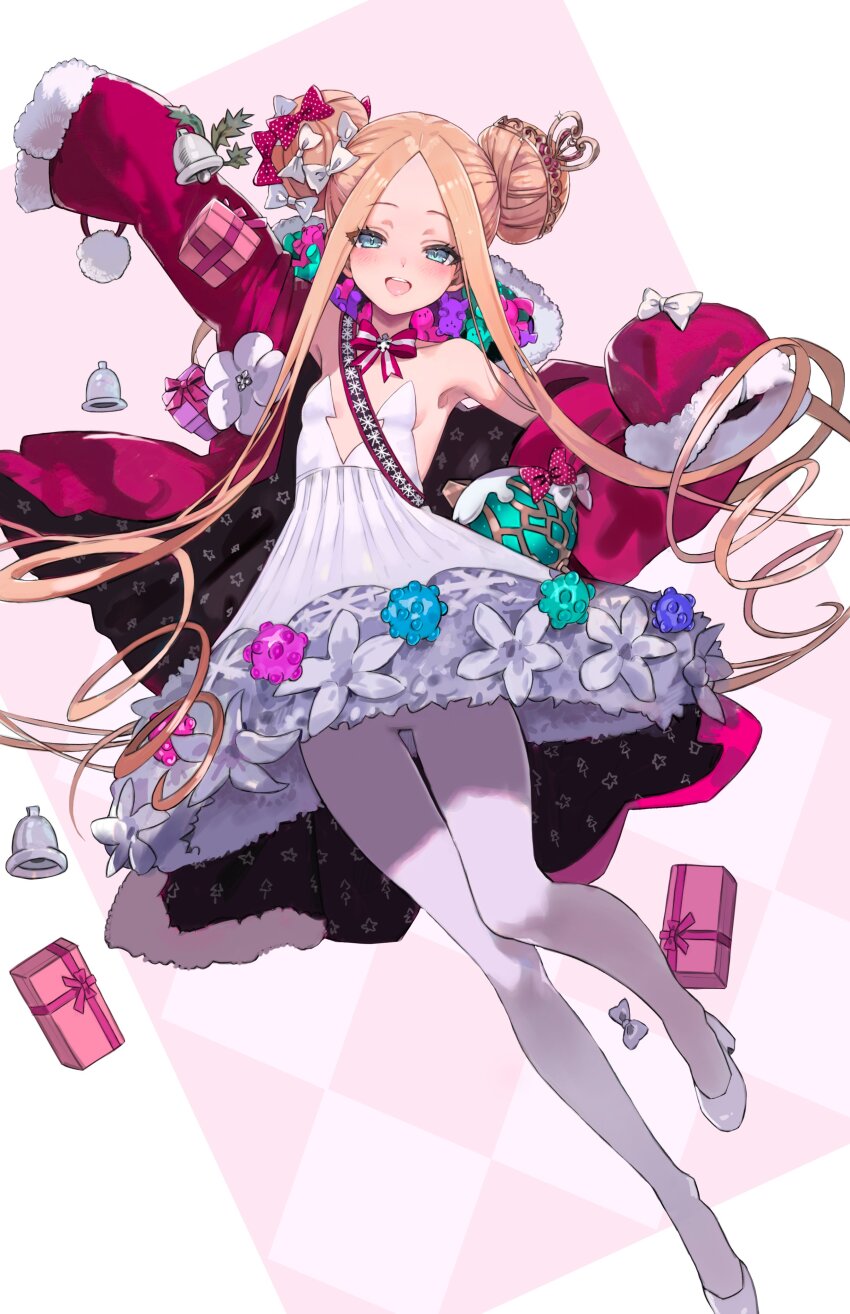 1girl abigail_williams_(fate) abigail_williams_(santa)_(fate) absurdres armpits bare_shoulders blonde_hair blue_eyes bow box double_bun dress fate/grand_order fate_(series) forehead freng full_body fur_trim gift gift_box hair_bow hair_bun hair_ornament high_heels highres jacket jacket_partially_removed long_hair looking_at_viewer open_mouth pantyhose red_jacket sleeves_past_wrists smile solo tiara white_dress white_pantyhose