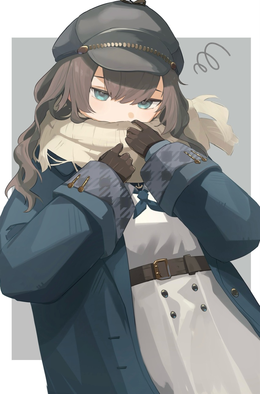 1girl adjusting_scarf belt blue_coat blue_eyes blue_neckerchief border brown_belt brown_gloves brown_hair cabbie_hat coat covered_mouth dress gloves grey_background grey_hat half-closed_eyes hands_up hat highres kubu_fugu long_hair long_sleeves looking_at_viewer marcus_(reverse:1999) neckerchief outside_border reverse:1999 scarf scarf_over_mouth solo squiggle straight-on upper_body white_border white_dress white_scarf