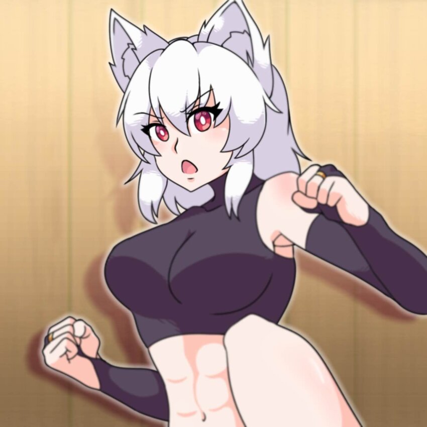 1girl abs animal_ears bare_shoulders black_gloves black_shirt blush breasts elbow_gloves fingerless_gloves gloves highres inubashiri_momiji looking_at_viewer midriff mountain_of_faith navel neferkitty open_mouth red_eyes shirt short_hair sleeveless sleeveless_turtleneck solo touhou turtleneck white_hair wolf_ears wolf_girl wooden_wall