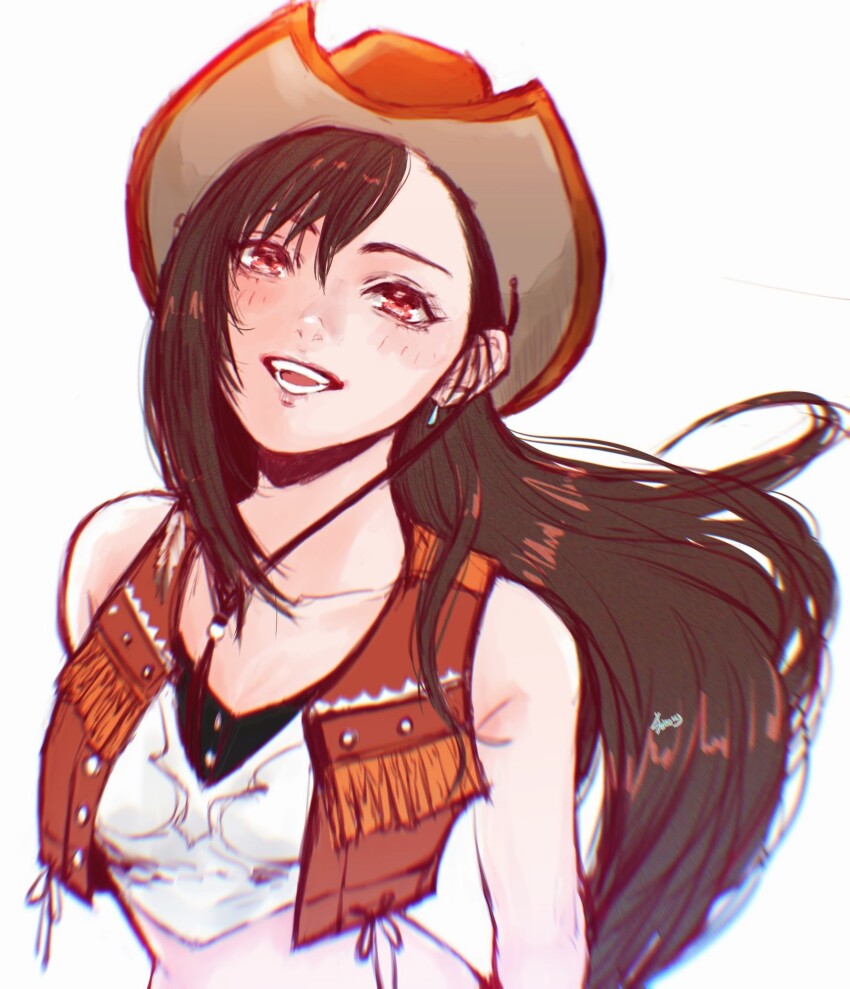 1girl aged_down bare_shoulders black_hair blush brown_hair brown_hat brown_vest collarbone commentary_request cowboy_hat crisis_core_final_fantasy_vii crop_top earrings final_fantasy final_fantasy_vii final_fantasy_vii_remake hair_between_eyes hat highres jewelry long_hair looking_at_viewer midriff open_mouth red_eyes shinogu_r single_earring single_sidelock solo teeth tifa_lockhart tifa_lockhart_(cowgirl) upper_body vest white_background