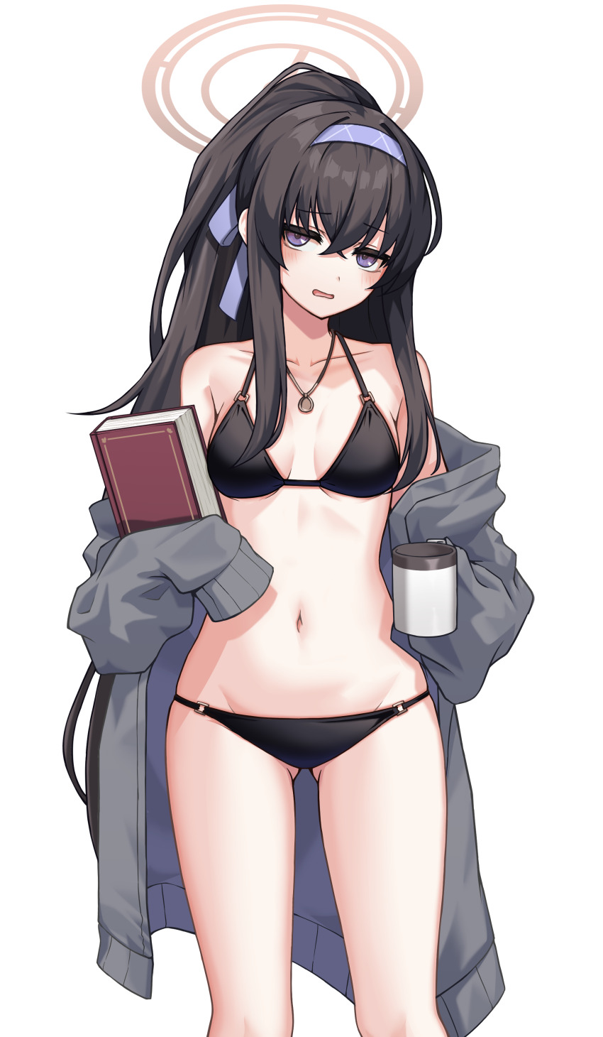 1girl absurdres bikini black_bikini black_hair blue_archive book breasts cardigan cup grey_cardigan hairband halo highres holding holding_book holding_cup jewelry kushinaka long_hair looking_at_viewer navel necklace o-ring o-ring_bikini o-ring_top official_alternate_costume open_cardigan open_clothes purple_eyes purple_hairband small_breasts solo swimsuit ui_(blue_archive) ui_(swimsuit)_(blue_archive) very_long_hair white_background