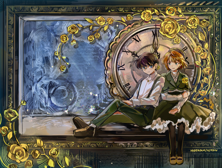 1boy 1girl absurdres artist_name black-framed_eyewear black_hair blue_eyes blue_shirt brown_footwear brown_hair brown_pants clock clock_hands collared_shirt edogawa_conan flower frilled_skirt frills glasses haibara_ai hair_between_eyes hat hetero highres long_sleeves meitantei_conan miyano_shiho open_mouth over-rim_eyewear pants red_footwear rose semi-rimless_eyewear shirt shoes short_hair sitting skirt skirt_set smile st_ard suspenders white_shirt yellow_flower yellow_rose