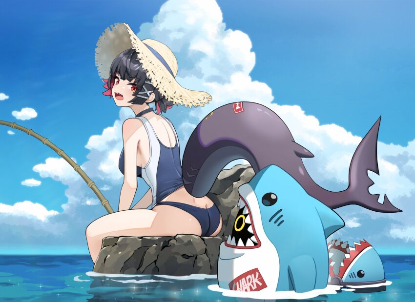 1girl ass back bangboo_(zenless_zone_zero) black_choker black_hair blue_one-piece_swimsuit breasts butt_crack choker clothing_cutout colored_inner_hair commentary_request ellen_joe fins fish_tail fishing fishing_rod from_behind hair_ornament hairclip hat highres holding holding_fishing_rod looking_back mole mole_under_eye multicolored_hair on_rock one-piece_swimsuit open_mouth pink_hair red_eyes rock shark_girl shark_tail sharkboo_(zenless_zone_zero) sharp_teeth short_hair sitting sky solo straw_hat swimsuit tail tail_through_clothes teeth two-tone_hair two-tone_swimsuit water wellsy zenless_zone_zero