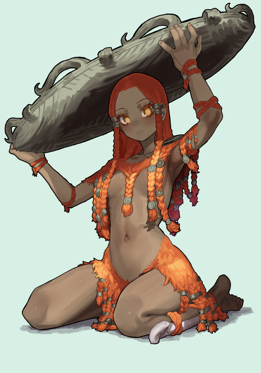 1girl absurdres armpits barefoot braid breasts dark-skinned_female dark_skin ekrea_jan elden_ring fire_giant_(elden_ring) genderswap genderswap_(mtf) highres long_hair medium_breasts navel orange_eyes orange_hair simple_background sitting solo stomach wariza