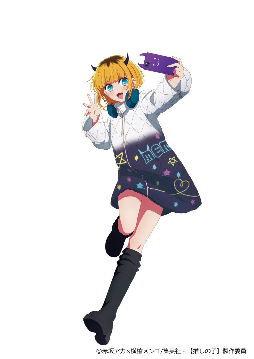 1girl absurdres aqua_eyes black_footwear black_jacket blonde_hair blush boots cellphone demon_horns fake_horns headphones headphones_around_neck highres holding holding_phone horns jacket long_sleeves looking_at_viewer mem-cho multicolored_clothes multicolored_hair multicolored_jacket official_art open_mouth oshi_no_ko phone roots_(hair) short_hair smartphone smartphone_case smile solo turtleneck turtleneck_jacket white_jacket