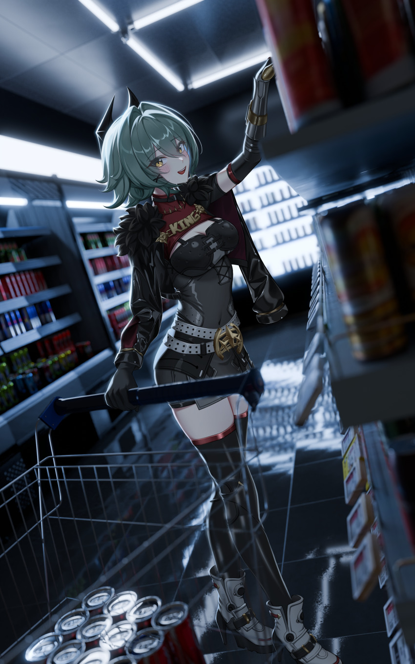 1girl absurdres black_gloves black_horns black_jacket black_shirt black_skirt black_thighhighs breasts caesar_king_(zenless_zone_zero) can cleavage convenience_store covered_navel drink_can fur-trimmed_jacket fur_trim gloves green_hair guisin_(chibi_ghost) hair_intakes high_heels highres horns indoors jacket large_breasts open_mouth pencil_skirt shirt shop shopping_cart short_hair skirt smile solo teeth thighhighs thighs tile_floor tiles yellow_eyes zenless_zone_zero zettai_ryouiki