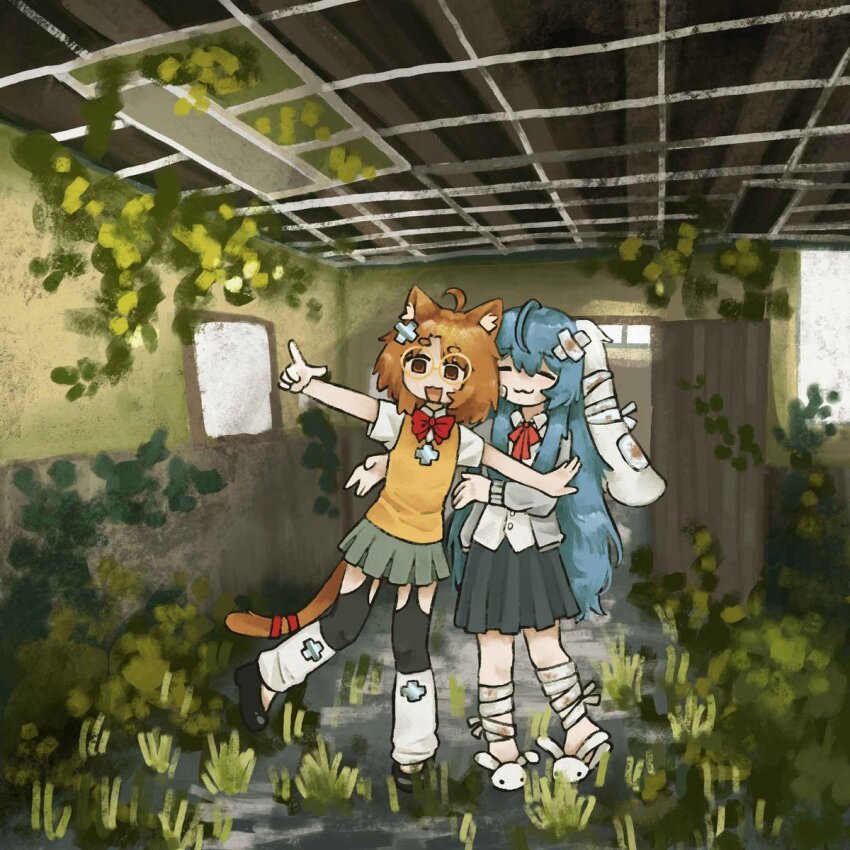 2girls :3 abandoned ahoge animal_ear_fluff animal_ears animal_slippers bandaged_leg bandages blue_hair brown_eyes brown_hair bunny_slippers buttons cat_ears cat_girl cat_tail closed_eyes collared_shirt cross_hair_ornament double-parted_bangs dress_shirt gartered_thighhighs grey_shirt hair_between_eyes hair_ornament highres indie_virtual_youtuber interior long_hair long_sleeves lop_rabbit_ears mary_janes medium_skirt miaelou miniskirt mliko444 multiple_girls open_mouth outstretched_arms overgrown para_(vtuber) para_(vtuber)_(3rd_costume) pleated_skirt pointing rabbit_ears rabbit_girl red_ribbon ribbon round_eyewear shirt shoes short_sleeves sidelocks skirt slippers tail untucked_shirt vest virtual_youtuber white_shirt yellow-framed_eyewear yellow_vest