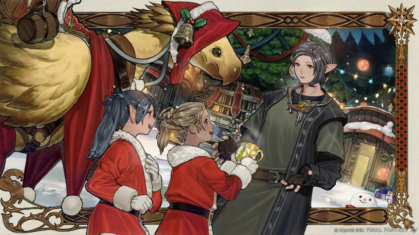 bell belt belt_buckle black_belt box buckle chocobo christmas cup elezen elf final_fantasy final_fantasy_xiv fur_trim gift gift_box gridania hat_ornament highres holding holding_cup holly_hat_ornament hyur mother_miounne mug official_art open_mouth pine_tree pointy_ears ponytail santa_costume saulinne_(ff14) snow snowman teeth tenny_(ff14) tree twintails upper_teeth_only