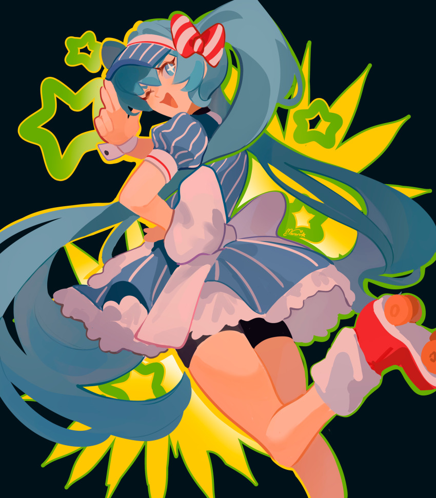 +_+ 1girl ;d back_bow black_background black_shorts blue_dress blue_eyes blue_hair blue_hat bow colored_lineart dress feet_out_of_frame frilled_dress frills from_behind furrowed_brow green_outline hair_bow hand_on_own_hip hat hatsune_miku highres knee_up large_bow layered_dress leg_warmers long_hair looking_back making-of_available mararu mesmerizer_(vocaloid) multicolored_background one_eye_closed open_mouth outline pinstripe_dress pinstripe_pattern puffy_short_sleeves puffy_sleeves red_bow red_footwear roller_skates salute short_dress short_shorts short_sleeves shorts skates smile solo star_(symbol) striped_clothes striped_dress striped_headwear swept_bangs triangle_mouth turning_around twintails two-finger_salute two-tone_bow two-tone_hat vertical-striped_clothes vertical-striped_dress vertical-striped_headwear very_long_hair visor_cap vocaloid white_bow white_hat white_leg_warmers yellow_background yellow_outline