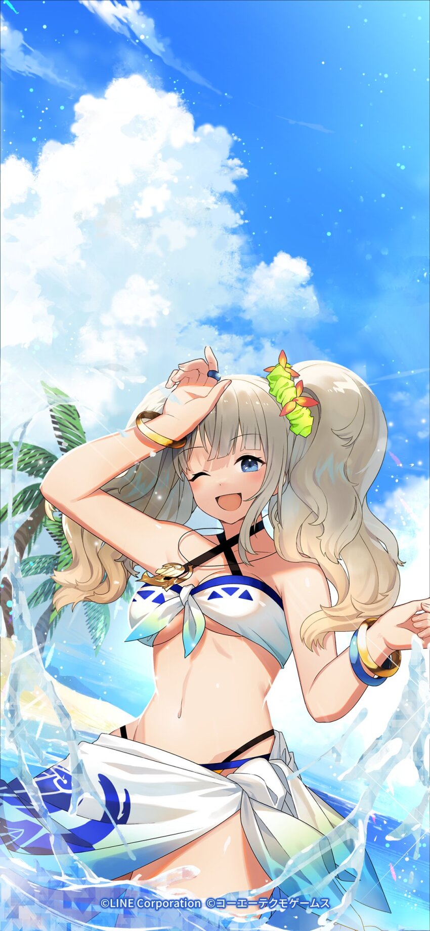 1girl beach blonde_hair blue_eyes breasts cloud happy highres line:_monster_farm long_hair medium_breasts monster_farm official_art one_eye_closed piishi sky solo swimsuit twintails water wink