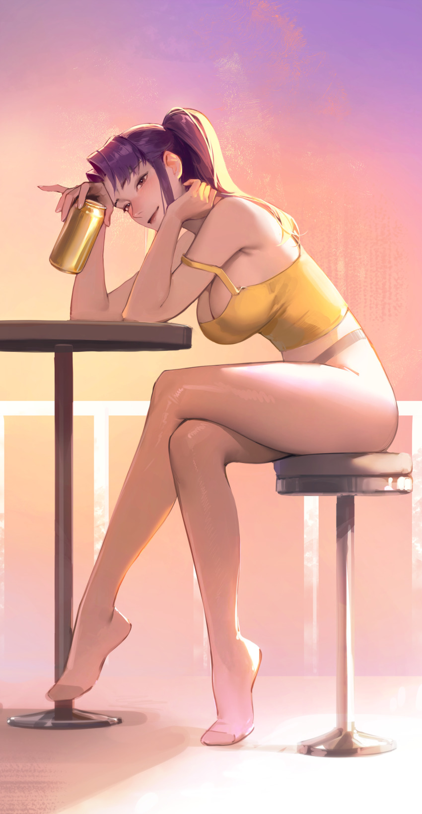 1girl absurdres beer_can breasts can cleavage commentary crop_top crossed_legs drink_can elbows_on_table female_focus full_body highres holding holding_can katsuragi_misato large_breasts legs limart long_hair looking_at_viewer neon_genesis_evangelion no_shoes open_mouth pantyhose ponytail purple_eyes purple_hair smile solo strap_slip tank_top yellow_tank_top