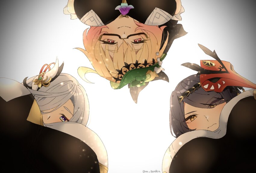 3girls black_bodysuit blonde_hair blue_eyes bodysuit breast_curtain breasts commentary_request emilie_(genshin_impact) from_below genshin_impact gradient_background green_hat grey_hair hair_ornament hat highres kujou_sara large_breasts light_frown looking_at_viewer looking_down mask mask_on_head multiple_girls na_genshin purple_eyes red_mask shenhe_(genshin_impact) smile tengu_mask twitter_username white_background yellow_eyes