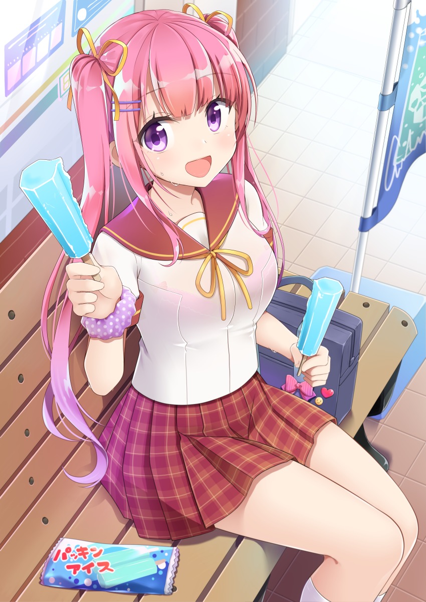 1girl :d absurdres bad_id bad_pixiv_id bag bench commentary_request female_focus food from_side hair_ornament hair_ribbon hairpin highres holding komo_wan110 long_hair looking_at_viewer miniskirt moe2018 neck_ribbon open_mouth original pink_hair plaid_clothes plaid_skirt pleated_skirt polka_dot polka_dot_scrunchie popsicle purple_eyes purple_scrunchie red_skirt ribbon school_bag school_uniform scrunchie see-through_clothes see-through_shirt serafuku shirt short_sleeves sitting skirt smile solo sweat twintails wrapper wrist_scrunchie yellow_ribbon