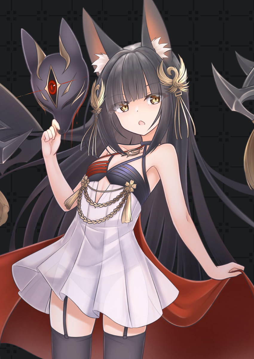 1girl :o absurdres animal_ears azur_lane bare_shoulders black_hair black_panties blush breasts clothing_cutout commentary_request dress fox_ears fox_girl fox_mask garter_straps hair_ornament hand_up highres holding holding_mask long_hair mask nagato_(azur_lane) nagato_(meta)_(azur_lane) panties see-through_clothes see-through_dress serious skirt_hold sleeveless sleeveless_dress small_breasts solo standing thighhighs underboob_cutout underwear very_long_hair white_dress yellow_eyes yukishiro_haku