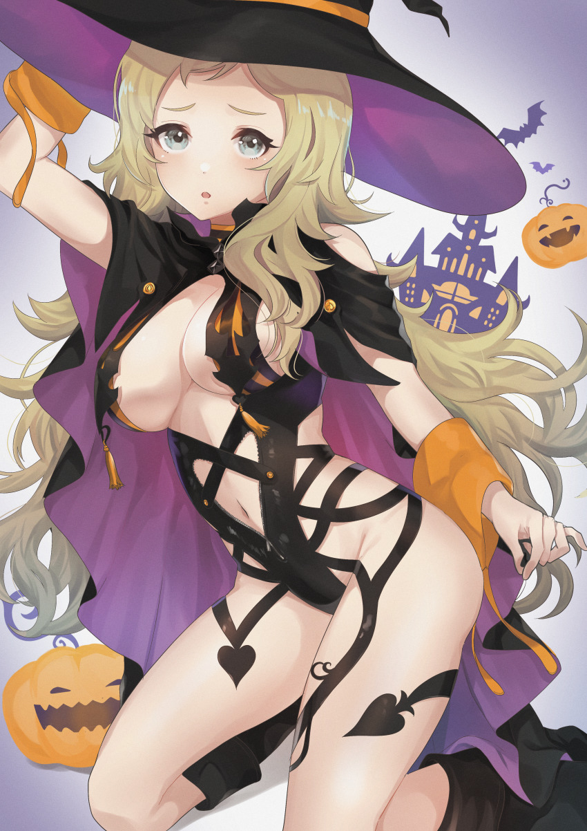 1girl absurdres alternate_costume blonde_hair breasts castle commission cosplay crossover fire_emblem fire_emblem_fates grey_eyes hachako halloween halloween_costume hat highres huge_filesize jack-o&#039;-lantern looking_at_viewer nintendo ophelia_(fire_emblem) shermie_(kof) shermie_(kof)_(cosplay) simple_background skeb_commission snk_heroines:_tag_team_frenzy solo witch_hat