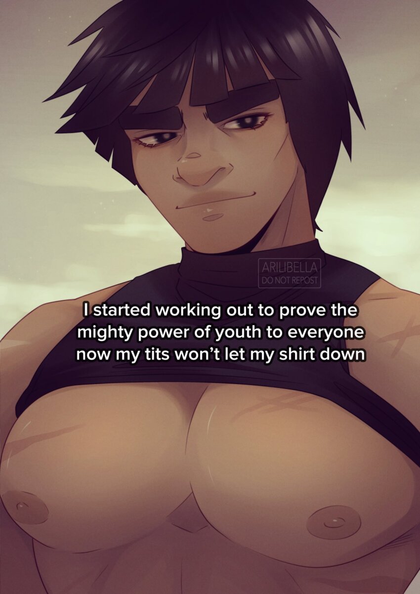 1boy artist_request bara bare_pectorals black_hair black_tank_top clothes_lift dark-skinned_male dark_skin english_text highres huge_eyebrows i_started_working_out_to_be_healthier_now_my_tits_won&#039;t_let_my_shirt_down_(meme) impact_(font) large_pectorals male_focus meme might_guy muscular muscular_male naruto_(series) naruto_shippuuden nipples pectoral_focus pectorals scar scar_on_chest shirt_lift short_hair smile solo tank_top thick_lips