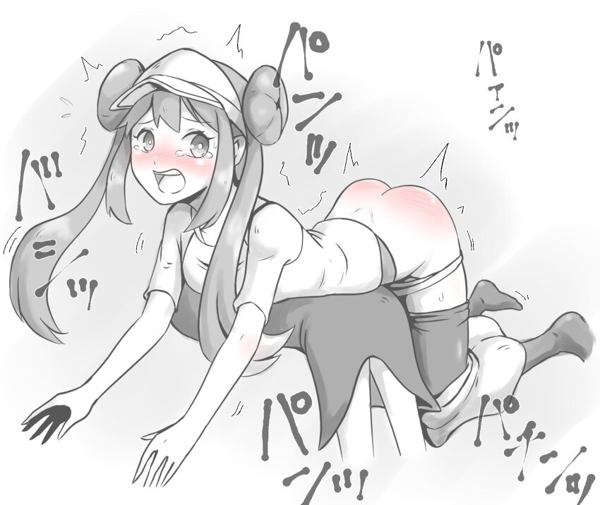 2girls bent_over blush bottomless clothing_aside creatures_(company) crying crying_with_eyes_open game_freak hair_bun hair_buns kneepits multiple_girls nintendo panties panties_around_leg panties_aside pantyhose pinkiri_(jawking) pokemon pokemon_bw2 punishment red_ass removed_clothing rosa_(pokemon) shaking skirt spanking tears translation_request underwear unworn_panties