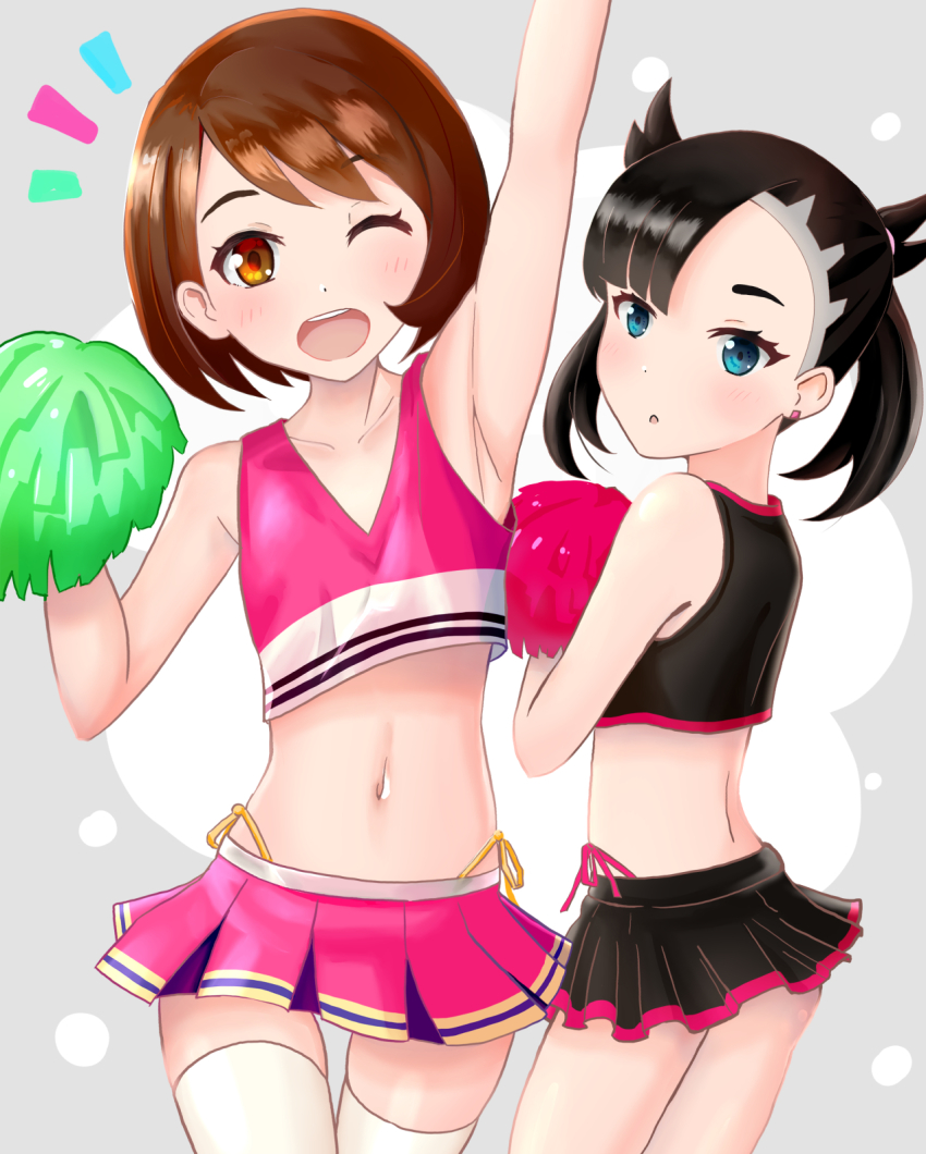 2girls aqua_eyes arm_above_head armpits asymmetrical_bangs bare_shoulders black_hair black_shirt black_skirt blush breasts brown_eyes brown_hair cheerleader cleavage collarbone creatures_(company) crop_top ear_piercing eyelashes female_focus flat_chest game_freak gloria_(pokemon) hands_up happy highres legs long_hair looking_at_another looking_at_viewer looking_back marnie_(pokemon) matching_hair/eyes medium_hair midriff miniskirt multiple_girls navel neck nintendo one_eye_closed open_mouth pan_korokorosuke panties parted_lips piercing pink_shirt pink_skirt pokemon pokemon_swsh revealing_clothes sexually_suggestive shiny_clothes shiny_skin shirt shy side-tie_panties side_bangs sidelocks skirt sleeveless sleeveless_shirt standing thighhighs thighs twintails undercut underwear v-string white_thighhighs wink