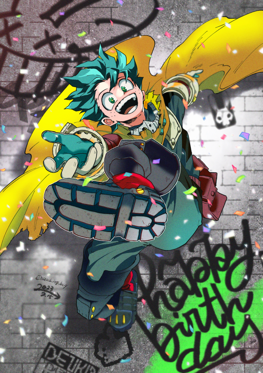 1boy :d arm_behind_back arrow_(symbol) belt belt_pouch birthday blue_gloves blue_hair blurry blurry_background bodysuit boku_no_hero_academia brick_wall bright_pupils cape commentary_request confetti depth_of_field feet film_grain floating_cape floating_hair foot_against_wall foot_focus foreshortening freckles full_body gloves graffiti green_eyes green_pupils grey_gloves hands_up happy_birthday head_tilt highres leg_up looking_at_viewer male_focus mask mask_around_neck midoriya_izuku mouth_mask nikaidou_iroha official_alternate_costume open_mouth outline outstretched_arms partial_commentary pouch rabbit reaching reaching_towards_viewer shadow shoe_soles short_hair smile solo spoilers text_focus thumbs_up_emoji timestamp torn_cape torn_clothes twitter_username white_outline x_x yellow_cape