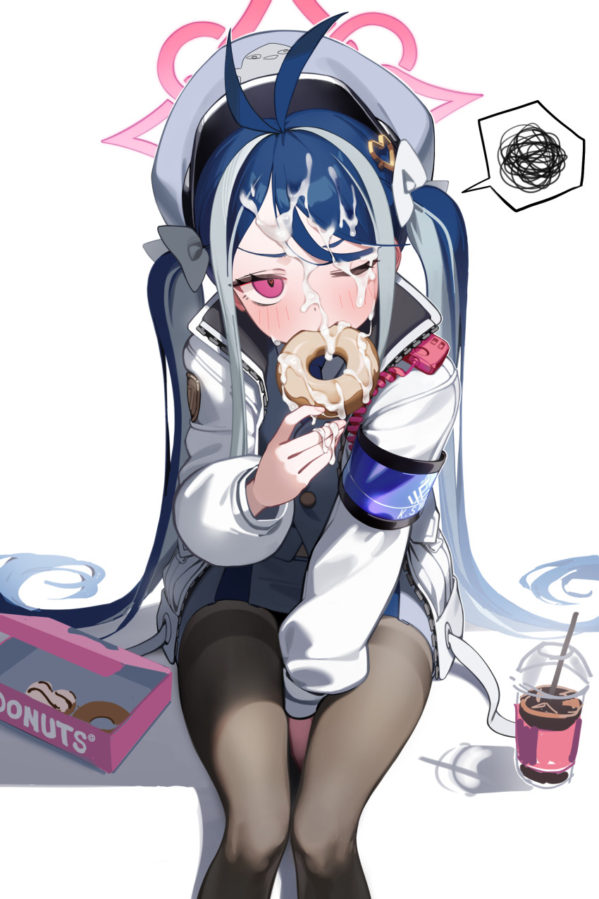 1girl absurdres antenna_hair black_pantyhose blue_archive blue_hair blue_hat blue_skirt blue_vest blush doughnut drink drinking_straw feet_out_of_frame food fubuki_(blue_archive) grey_hair hachirodesu hair_ornament halo hat heart heart_hair_ornament highres holding holding_food jacket long_hair long_sleeves looking_at_viewer multicolored_hair open_clothes open_jacket pantyhose peaked_cap pink_halo red_eyes revision simple_background skirt solo spoken_squiggle squiggle suggestive_fluid twintails vest white_background white_jacket