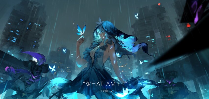 1girl artist_name blue_butterfly blue_eyes blue_hair blue_theme blue_veil breasts bug building butterfly commentary cowboy_shot cracked_skin dress english_commentary english_text grey_sky hair_between_eyes hand_up highres insect large_breasts lewdlily66 looking_at_animal monster outdoors rain sky sleeveless sleeveless_dress solo standing the_shorekeeper_(wuthering_waves) two-tone_veil veil white_veil wuthering_waves