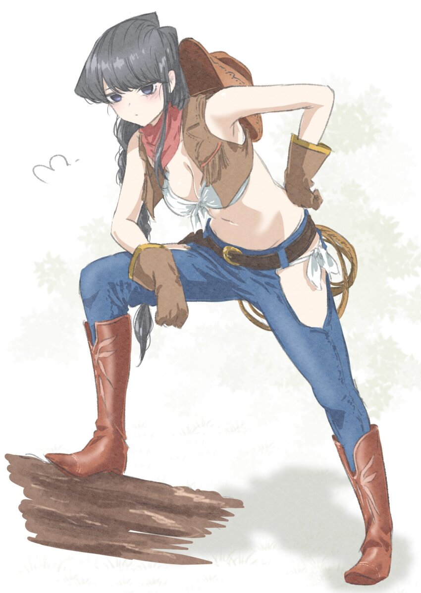 1girl bandana belt black_eyes black_hair boots breasts brown_belt brown_footwear brown_gloves cleavage cowboy_hat cowboy_western cropped_jacket denim gloves hat hat_on_back highres hip_vent jacket jeans komi-san_wa_komyushou_desu komi_shouko large_breasts leather leather_jacket long_hair mitsugu navel pants red_bandana rope sleeveless sleeveless_jacket solo