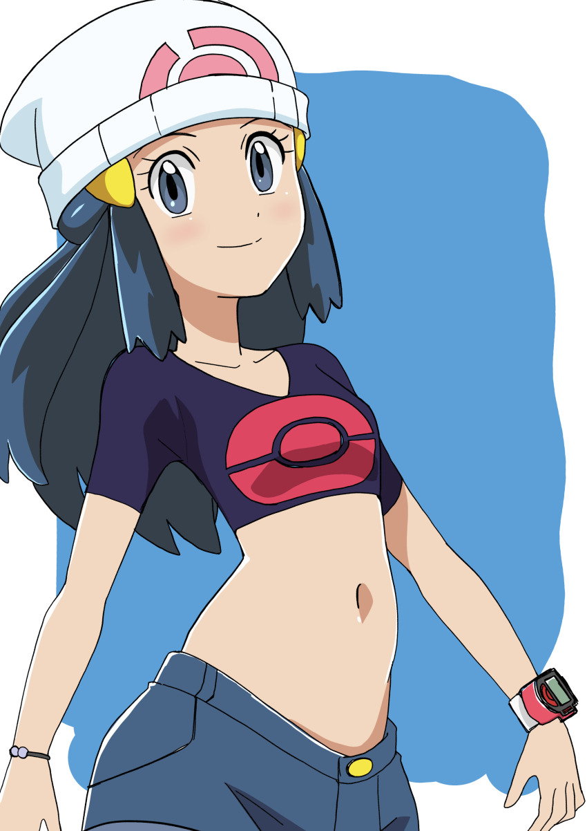 1girl absurdres beanie blue_eyes blue_hair blue_shirt blue_shorts bracelet closed_mouth creatures_(company) cropped_shirt dawn_(pokemon) game_freak hainchu hat highres jewelry long_hair midriff navel nintendo poke_ball_print pokemon pokemon_(anime) pokemon_dppt_(anime) poketch shirt shorts smile solo watch white_hat wristwatch